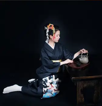 2017 Black Japonské ženy kimono Žien formálne Župan Tradičné kimono cos oblečenie