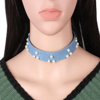 2017 Blue Denim Choker Náhrdelník Pre Ženy, Nové Džínsy Golier Choker Roztomilý Imitácie Perál Choker Colliers Bijoux Colar Šperky