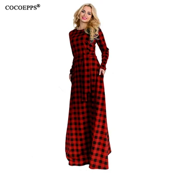 2017 Dlho Maxi Šaty Jesenné Vinobranie Plus Veľkosť Šaty Módne Červená Kockované Šaty O-krku Vestidos Veľké Veľkosti Večer Party Šaty