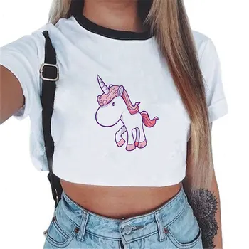 2017 harajuku zábavné Jednorožec T shirt Ženy topy Kawaii Unicornio T-shirt Žena Lete Plodín Top Tričko licorne Sexy Tees Ostrihané