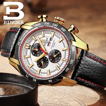 2017 hodinky mužov luxusné značky náramkových hodiniek BINGER Quartz Originálne Kožené hodinky Sport Chronograf hodiny Diver glowwatch B1163-4