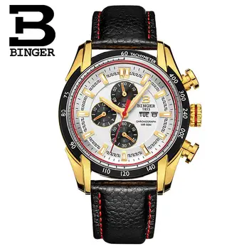 2017 hodinky mužov luxusné značky náramkových hodiniek BINGER Quartz Originálne Kožené hodinky Sport Chronograf hodiny Diver glowwatch B1163-4