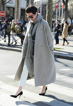 2017 Hollywood style nové zimné žien dizajnér sivý vlnený coats u žien vlny kabát klope bunda a dlhá srsť doprava zadarmo