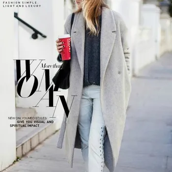 2017 Hollywood style nové zimné žien dizajnér sivý vlnený coats u žien vlny kabát klope bunda a dlhá srsť doprava zadarmo