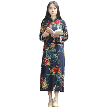 2017 Jar Nový Dizajn Veľký Kvet Bavlny Bielizeň Šaty Žien Župan Čínsky Vintage Šaty Cheongsam Qipao Etnických Vestidos Jurken