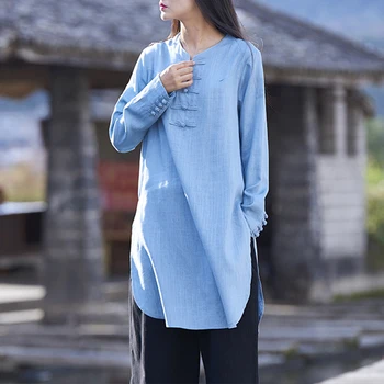 2017 jarné a letné dámske tričko bambusu, konope dlhé tričko vrchné oblečenie bielizeň vintage, blúzky dlhý dizajn blusa