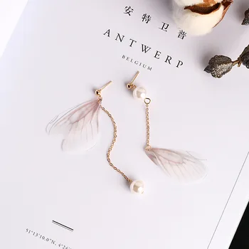 2017 Kórejský Jednoduché Motýlie Náušnice Pre Ženy Asymetrie Simulované Pearl Pendientes Trendy Handmade Náušnice Kvapka