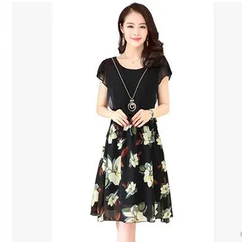 2017 Lete Falošné dve kus oblečenia Žien šifón Kvetinový Vintage Šaty S krátkymi rukávmi Elegantné Party Šaty Sundress plus veľkosť
