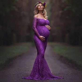 2017 Letné Módne, elegantné vestidos čipky priadza dlhý rukáv morská víla tehotenstva šaty fotografie, oblečenie pre tehotné ženy