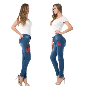 2017 na jar a leto, ženy, tlačené sexy blue hole vyšívané malé nohy, elastické jeans plus veľkosť 3XL E030