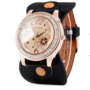 2017 Nové Luxusné Značky Womage Okrúhly Ciferník Tvaru Náramkové hodinky Bežné a Módne Quartz Hodinky s Koženým Pozerať na Ženy, Luxusné Značky