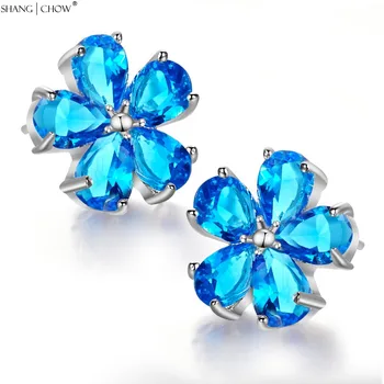 2017 Nové Módne Bling Luxusné Šperky s Blue Crystal Kamenný Kvet pre ženy 925 Sterling Silver Náušnice E0396