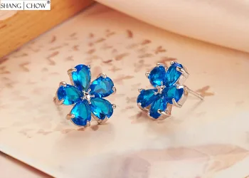 2017 Nové Módne Bling Luxusné Šperky s Blue Crystal Kamenný Kvet pre ženy 925 Sterling Silver Náušnice E0396