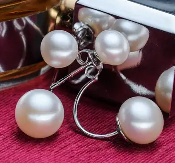 2017 NOVÉ Prírodné Perly Šperky, Náušnice Pre Ženy 925 Sterling Silver Šperky Dvojité Pearl Náušnice Svadobné Zatlačte Späť Náušnice