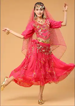 2017 Nové Sexy Brucho Tanečných Kostýmov, Set 5 ks (Top+Sukňa+Opasok+Závoj Hlavy + náhrdelník) Bollywood/Indický Tanec Kostýmy Dancewear