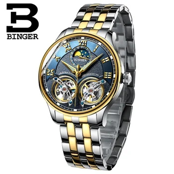 2017 NOVÝ príchod pánske hodinky, luxusné značky BINGER zafírové vodotesnosť toubillon plnej ocele Mechanické hodiny B-8606M-5