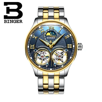 2017 NOVÝ príchod pánske hodinky, luxusné značky BINGER zafírové vodotesnosť toubillon plnej ocele Mechanické hodiny B-8606M-5