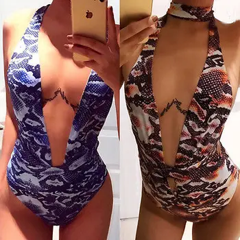 2017 Sexy dámske jednodielne Vyhovuje Vytlačené Plavky Hlboko V Krku Plavky na Kúpanie Push Up Čalúnená Bikiny