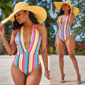 2017 Sexy Rainbow Pruhované Plavky Ženy Jednodielne Plavky High Cut Bandeau Monokiny Backless Plavky Plážové Oblečenie Trikini