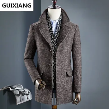 2017 Zimné pánskej módy zahustiť zákopy srsti šál Odnímateľný bunda pánske bežné windbreaker 50% vlnené kabáty mužov kabát