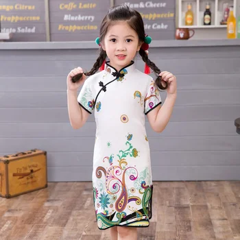 2017 Čínsky Kvetinové výšivky Dievčatá Šaty dieťa Jar Leto cheongsam šaty deti Qipao šaty,2-12Y
