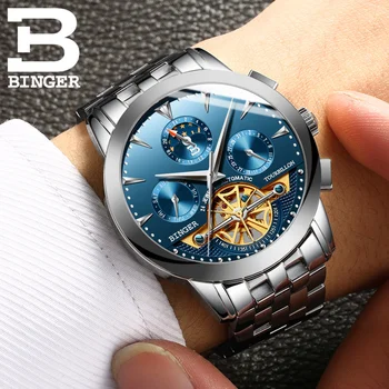2017 Švajčiarsko luxusné pánske hodinky BINGER značky Mechanické náramkové hodinky sapphire hodinky plné nehrdzavejúcej ocele hodiny B1188-9