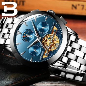 2017 Švajčiarsko luxusné pánske hodinky BINGER značky Mechanické náramkové hodinky sapphire hodinky plné nehrdzavejúcej ocele hodiny B1188-9
