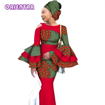 2018 Afriky Súkromné Vlastné Šaty Bazin Riche Ženy Šaty, Oblek Dlhý Rukáv Topy a Dlho Tlačiť Sukne Veľkosť M-6XL WY2822