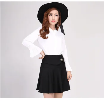2018 Jar & jeseň Ženy Skladaná Sukňa kórejský Módy Sexy Brošňa Elastické Vysoký Pás Mini Sukne Plus Veľkosť Čierne čiary Sukne