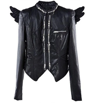 2018 jar krídla stojan golier long-sleeve slim motocykel vrchné oblečenie punk zips krátke kožené sako oblečenie žien kostýmy