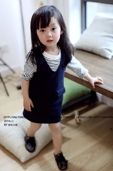 2018 Jar Nové kórejské Dievčatá Dieťa Dieťa Západnej Prúžok t-shirt + Bavlna vesta sukne oblek