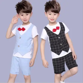 2018 Letné detské oblečenie set sa Hip Hop Dance Vyhovovali chlapcov Falošné dva kusy T-shirts gentleman Výkon Módnej značky kostým