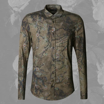 2018 Mužov nové zimné Vintage tričko vytlačené kvet dlhý rukáv tričko mužov slim módne bavlna Európsky štýl kvalitné tričko značky