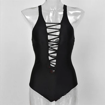 2018 Nové backless jednodielne plavky push up sexy Hlboké v ženy monokiny nastaviteľný popruh black pushup Brazílske plavky
