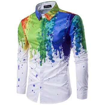 2018 nový muž Urban fashion tričko atrament splash farby farba self-pestovanie voľný čas 6 osobnosti farby, dlhý rukáv Tričko EÚ veľkosť