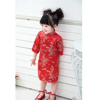 2018 Qipao Tri Štvrtiny Baby Girl Letné Šaty dieťa oblečenie Kvetinový Cheongsams Dar Nového Roka Tradičné Čínske Oblečenie