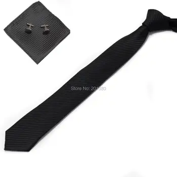 2018 Solid black mužov štíhly krk kravatu nastaviť Vreckovku manžetové gombíky