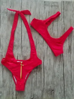 2018 zips, dve kus plavky sexy plavky s uväzovaním za ženy plávanie nosenie, vysoký pás vystrihnúť pláž nosiť červené monokiny mujer XL