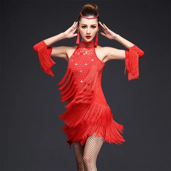 2018 Ženy, Súťaže, Tanečné Oblečenie Flitrami Kostým Set s Rukávmi Fringe Salsa Šaty Ballroom Dance Dámy latinskej Šaty