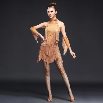 2018 Ženy, Súťaže, Tanečné Oblečenie Flitrami Kostým Set s Rukávmi Fringe Salsa Šaty Ballroom Dance Dámy latinskej Šaty