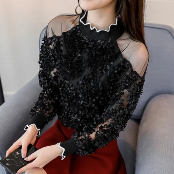 2018 ženy, topy, blúzky s dlhým rukávom čipky patchwork sexy štýl ženské košele módne ženy oblečenie čipky blúzky D431 30