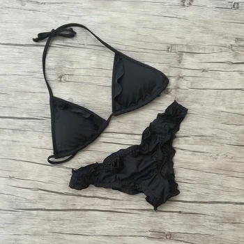2018 Žien Black Flouncing Triangle Bikini Set Sexy tajné Vystrihnúť Plavky, Plavky Brazílsky Letné Beach Oblek