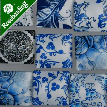 20pcs 25 mm štvorcových modrý a biely porcelán sklo vzor cabochon,zmiešané obrázky,rovný chrbát,hrúbky 6,5 mm-10030250