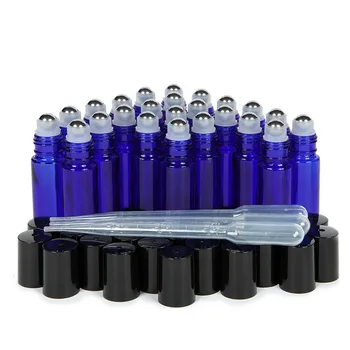 24pcs Nový Prázdny Kobaltová Modrá 10-ml Sklenené Navi Fľaše s Nehrdzavejúcej Ocele Kovové Prejdite Na Lopty na Miešanie Esenciálny olej Parfum