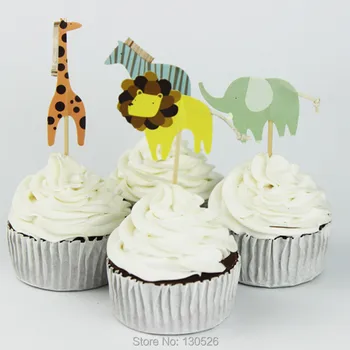24pcs/veľa Zoo Motív žirafa, zebra, slon, lev tortu vložená karta Cupcake Vyberá Cupcake Vňaťou Pape Strany Slávnostné Dodávky