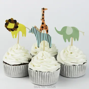 24pcs/veľa Zoo Motív žirafa, zebra, slon, lev tortu vložená karta Cupcake Vyberá Cupcake Vňaťou Pape Strany Slávnostné Dodávky