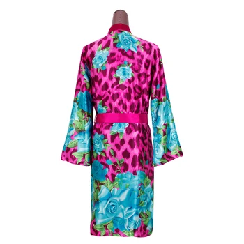 2PC Dámy Leopard Rose Tlač Satin Kimono Župan a Pevné Nightgown Nastaviť Jesenné Ráno župane Sleepwear Krytý Oblečenie