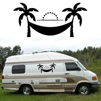 2x Coconut Tree hojdacia sieť (jeden na každej strane) Camper Van RV prípojné Vozidlo, Karavan Vinyl Grafika Auta Obtlačky Dvere Auto Samolepky