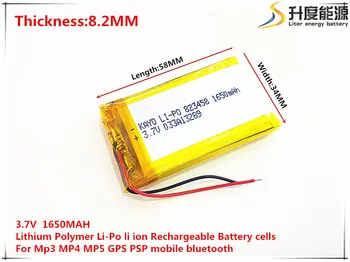 3,7 V, 1650mAh 823458 Lithium Polymer Li-Po li ion Nabíjateľnú Batériu buniek Pre Mp3 MP4 MP5 GPS, PSP, mobilné bluetooth