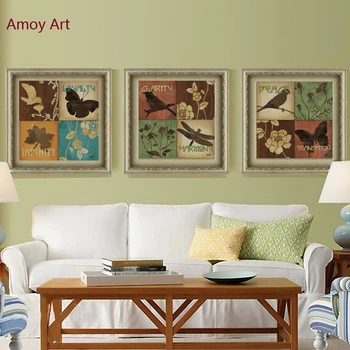 3 Panel Vintage Zvierat, Vtákov, Kvetov Európe Domova Wall Art Obrázok Tlače Maľovanie Na Plátno Obrázky, Spálňa, Kuchyňa
